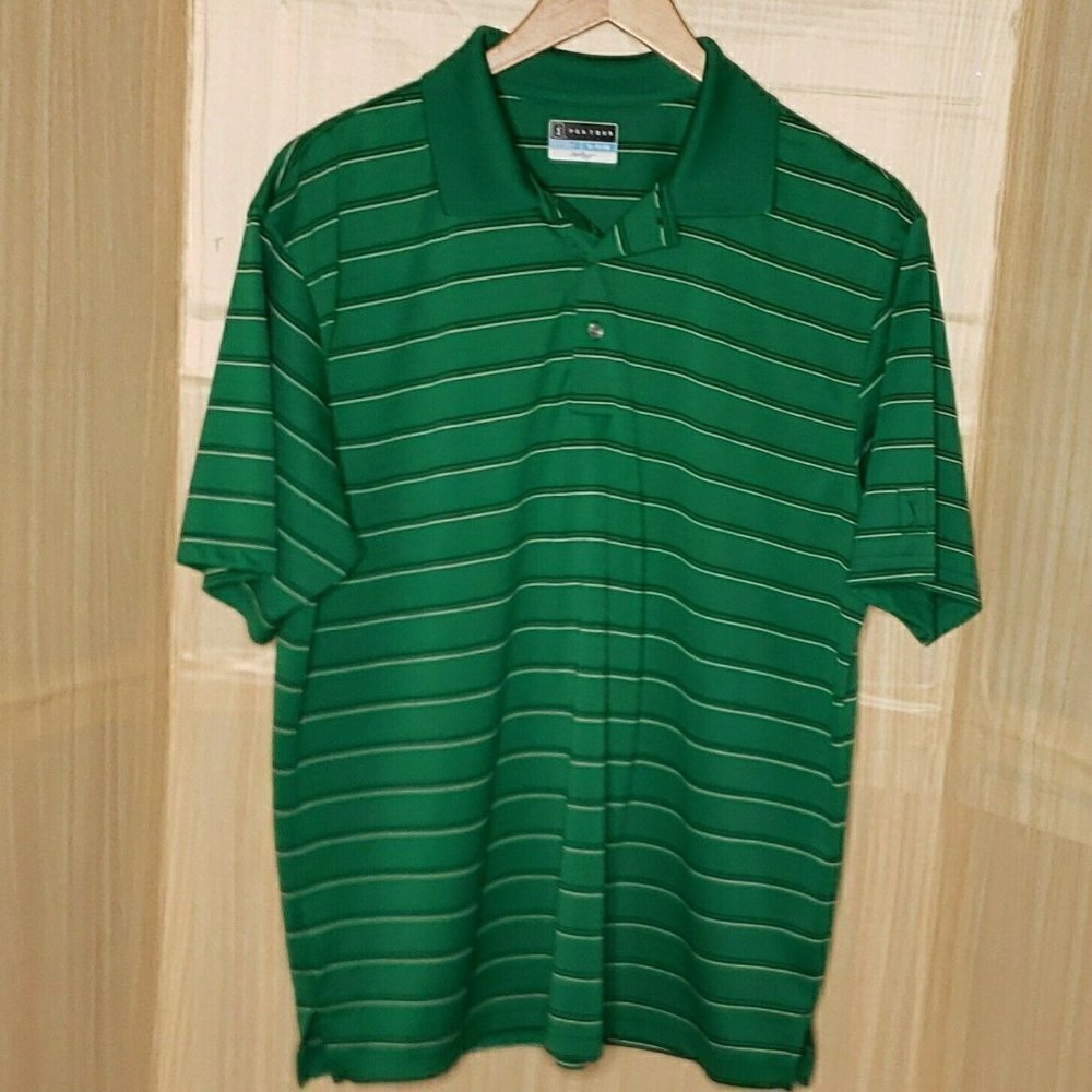 PGA Tour Mens Green Striped Short Sleeve Golf Polo XL